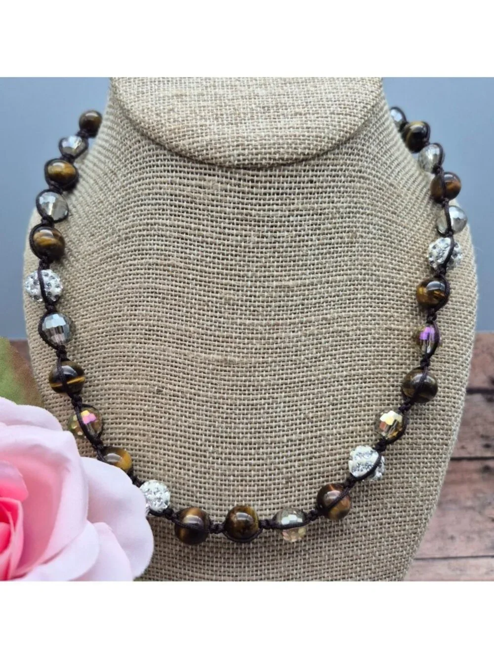 NWOT Tiger's Eye Shamballa & Faceted Crystal Boho Cord Necklace One Size Unisex